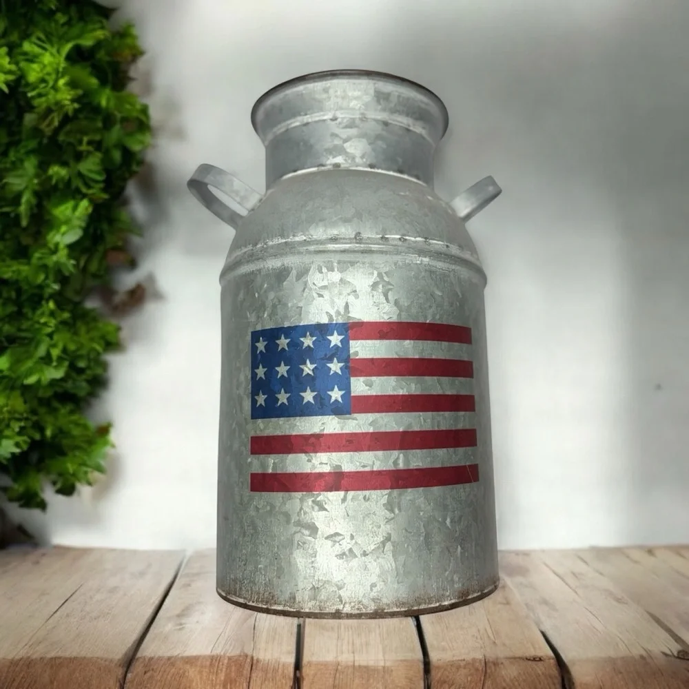New Rare Unique Vintage Style Galvanized Milk Can American Flag 8.75” X 13.5” - Picture 2 of 16